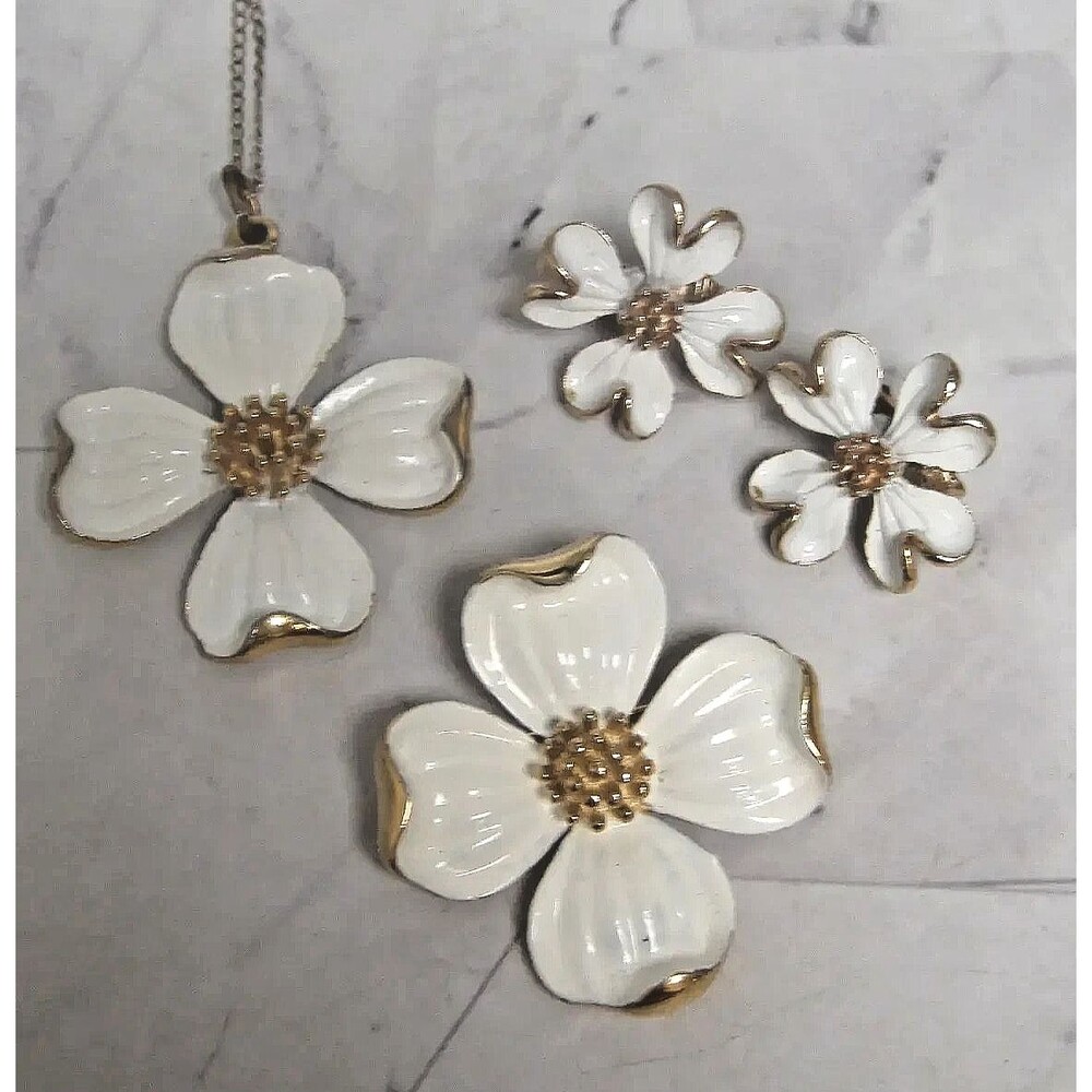 Trifari Dogwood Brooch, Pendant on Gold-Filled Chain, & Clip Earrings